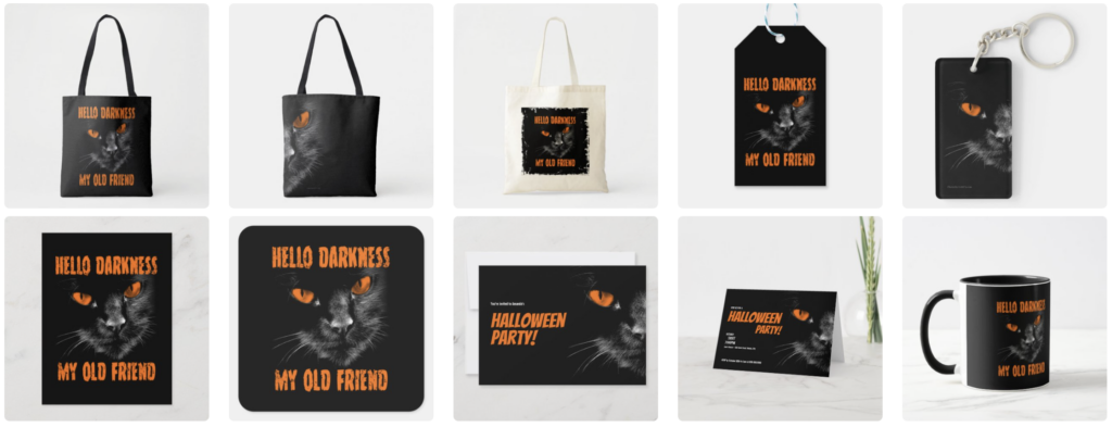 Hello Darkness My Old Friend Black Cat Halloween Edition with Spooky Orange Eyes